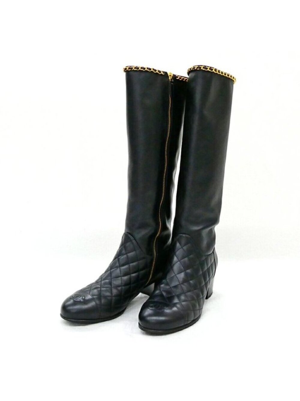 Chanel Chain Long Boots 38.5 Black Gold Quilted Shoes - Picture 2 of 10